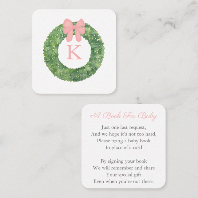 Elegant Wreath Pink Bow Baby Shower Book For Baby Enclosure Card (Front/Back)