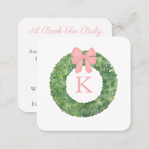 Elegant Wreath Pink Bow Baby Shower Book For Baby Enclosure Card