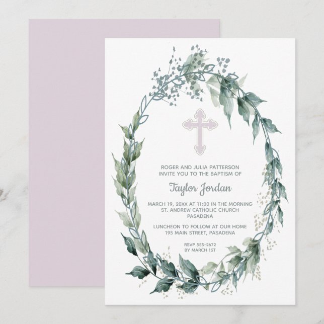 Elegant Wreath Pink Cross Baptism Invitation (Front/Back)