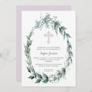 Elegant Wreath Pink Cross Baptism Invitation