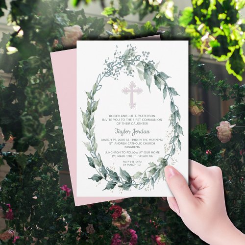 Elegant Wreath Pink Cross First Communion Invitation