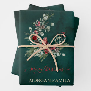 Elegant Wreath Red Cardinal Green Wrapping Paper Sheets