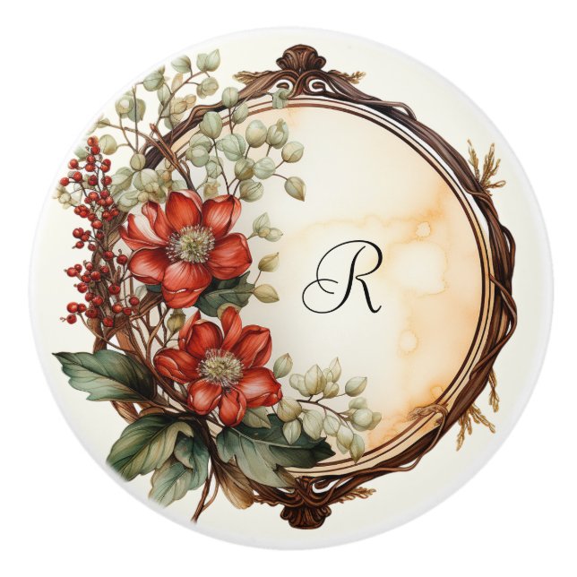 Elegant Wreath Red Flowers Red Berries Greenery Ceramic Knob (Front)