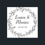 elegant wreath script botanical floral wedding rubber stamp<br><div class="desc">elegant script and a botanical wreath. The text and colors can be edited.</div>