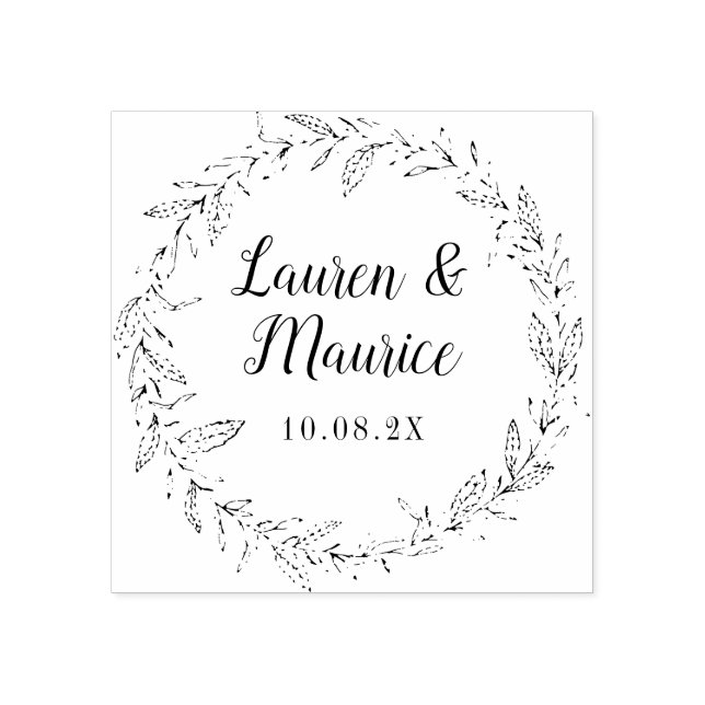 elegant wreath script botanical floral wedding rubber stamp (Imprint)
