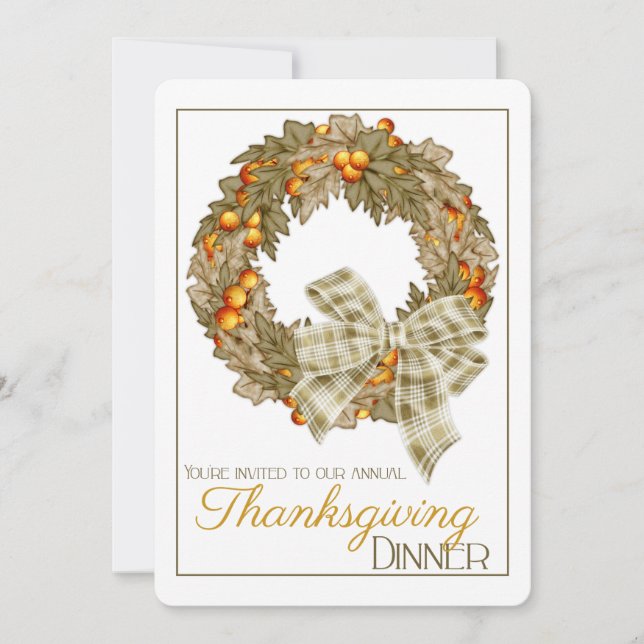 Elegant Wreath Thanksgiving Dinner Party Invite 12 (Front)