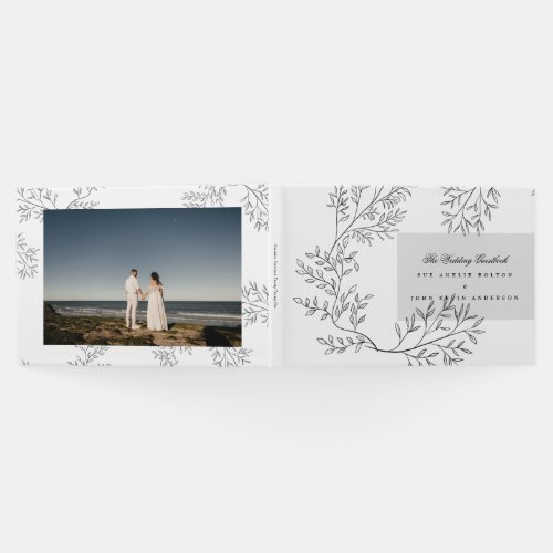 Elegant Wreath Typography Monogram Photo Wedding Guest Book