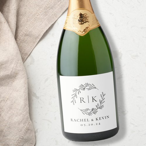 Elegant Wreath Wedding Initial Monogram Sparkling Wine Label