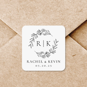 Elegant Wreath Wedding Initial Monogram Square Sticker