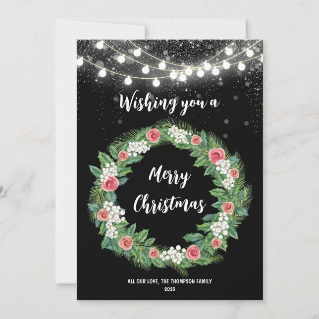 Elegant Wreath with String Lights Christmas Holiday Card (Front)