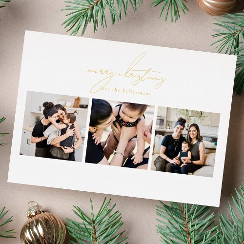 Elegant Written MERRY CHRISTMAS 3 Photo Collage Foil Holiday Card