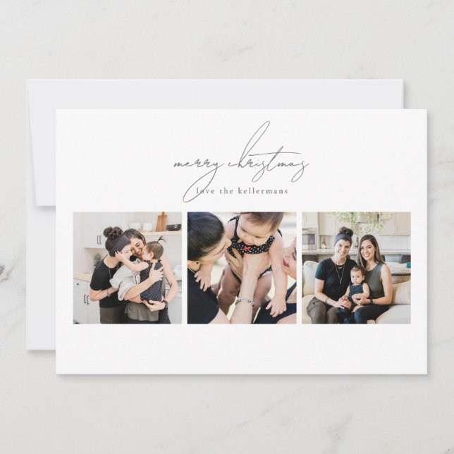 Elegant Written MERRY CHRISTMAS 3 Photo Collage Holiday Card (Front)