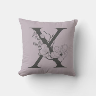 Elegant X Boho Floral Monogram Initial Lilac Gray Throw Pillow