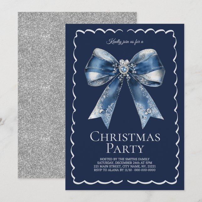 Elegant XL Bow Blue Silver Glitter Christmas Party Invitation (Front/Back)