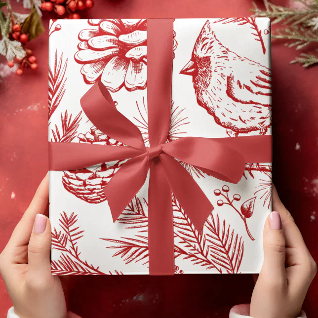 Elegant XL Red Cardinal Bird, Pine, Winter Berry Wrapping Paper | Zazzle