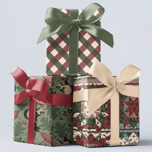 Elegant Xmas Forest Animals Patchwork Wrapping Paper Sheets