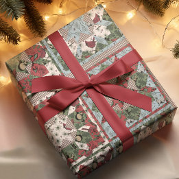 Elegant Xmas Patchwork Quilt with Forest Animals Wrapping Paper