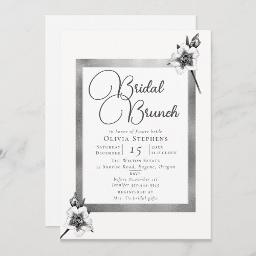 Elegant Xmas Roses Silver Christmas Bridal Brunch Invitation