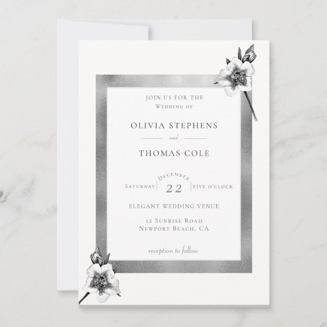 Elegant Xmas Roses White Gold Christmas Wedding Invitation (Front)