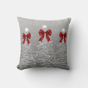Elegant Xmas Sparkling Trees Silver Faux Red Bow Throw Pillow