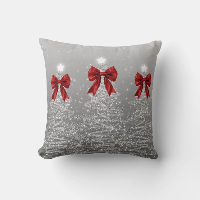 Elegant Xmas Sparkling Trees Silver Faux Red Bow Throw Pillow (Front)