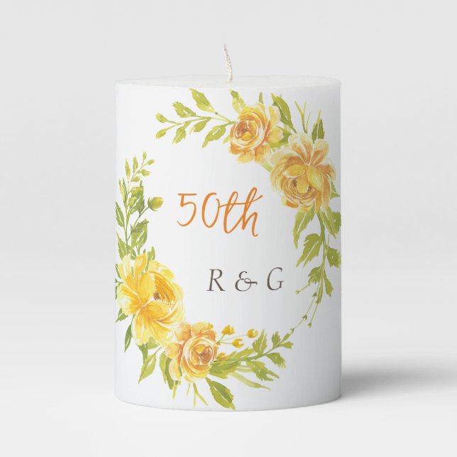 Elegant Yellow 50th Wedding Anniversary Monogram Pillar Candle (Front)