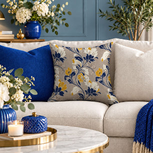 Elegant Yellow and Blue Abstract Floral Throw Pill Pillow