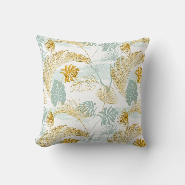 Elegant Yellow and Blue Leaves Pattern Throw Pillow (Front)