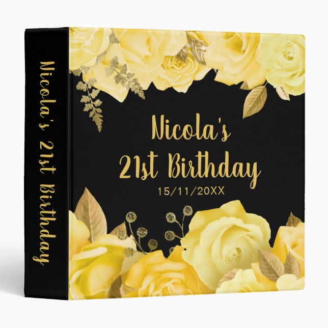 Elegant Yellow and Gold Flowers Birthday Party 3 Ring Binder (Front/Spine)