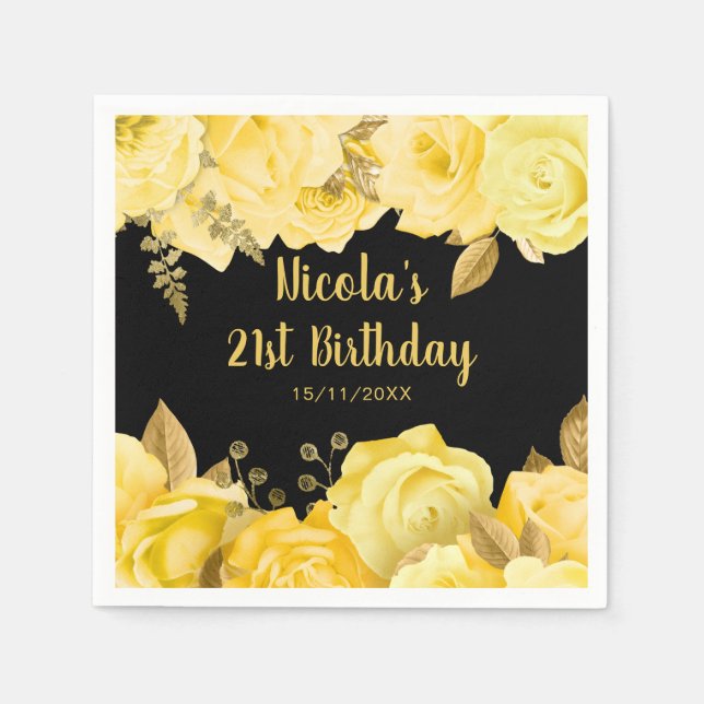 Elegant Yellow and Gold Flowers Birthday Party Napkins (Front)