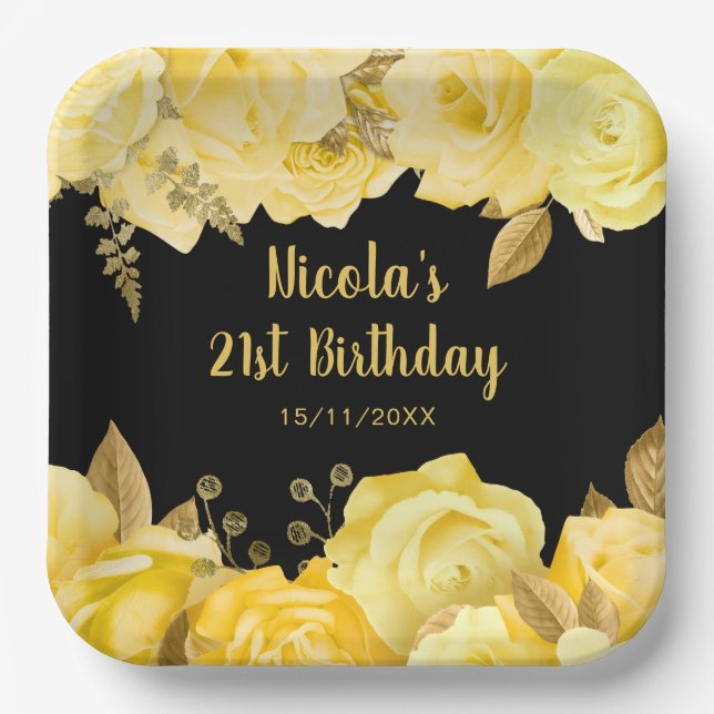 Elegant Yellow and Gold Flowers Birthday Party Paper Plates (Front)
