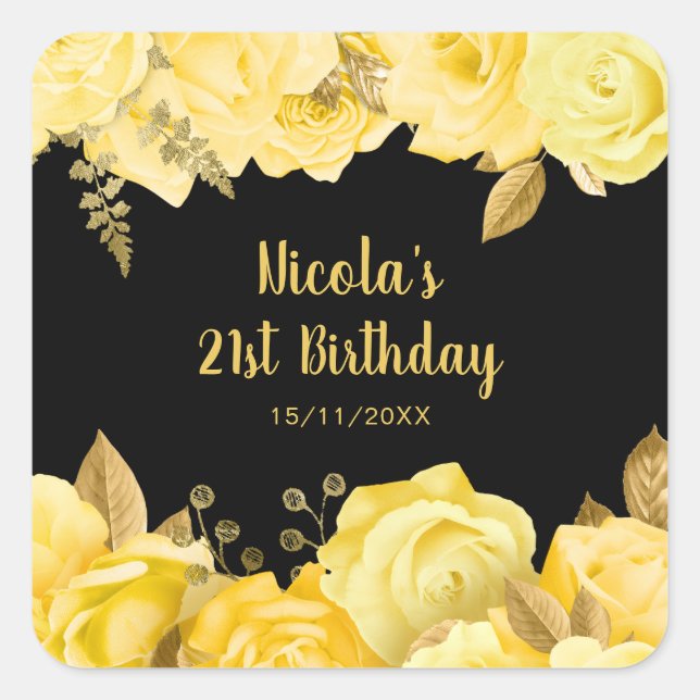 Elegant Yellow and Gold Flowers Birthday Party Square Sticker (Front)