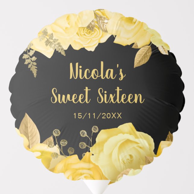 Elegant Yellow and Gold Flowers Sweet Sixteen Balloon (Front)