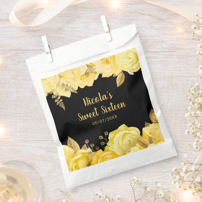 Elegant Yellow and Gold Flowers Sweet Sixteen Favor Bag (Clipped)