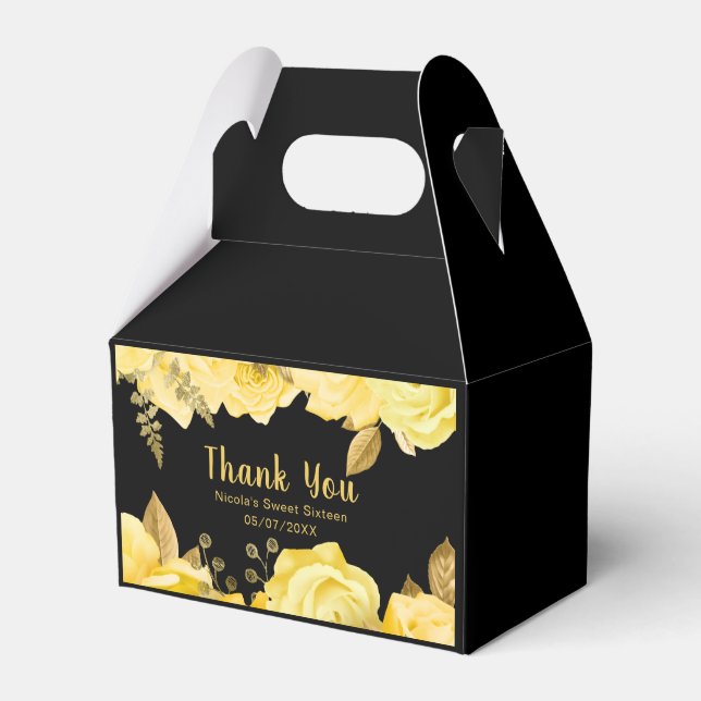 Elegant Yellow and Gold Flowers Sweet Sixteen Favor Boxes (Front Side)