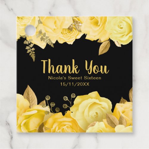 Elegant Yellow and Gold Flowers Sweet Sixteen Favor Tags