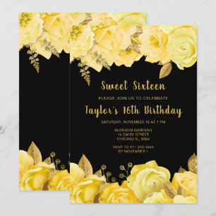 Elegant Yellow and Gold Flowers Sweet Sixteen Invitation