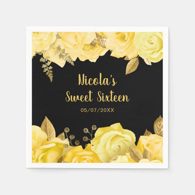 Elegant Yellow and Gold Flowers Sweet Sixteen Napkins (Front)