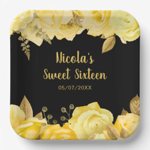 Elegant Yellow and Gold Flowers Sweet Sixteen Paper Plates