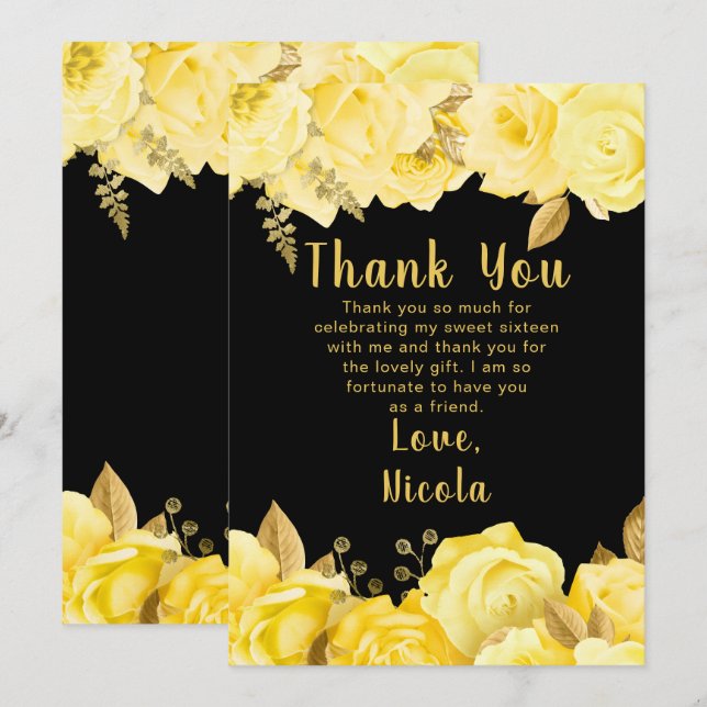 Elegant Yellow and Gold Flowers Sweet Sixteen Thank You Card (Front/Back)
