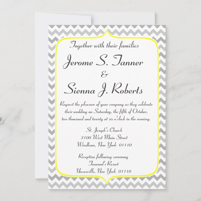 Elegant Yellow and Gray Chevron Wedding Invitation (Front)
