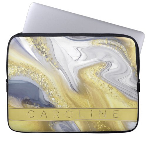 Elegant Yellow And Gray Gold Marble Effect Name Laptop Sleeve