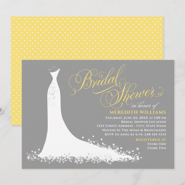 Elegant Yellow and Gray Wedding Gown Bridal Shower Invitation (Front/Back)