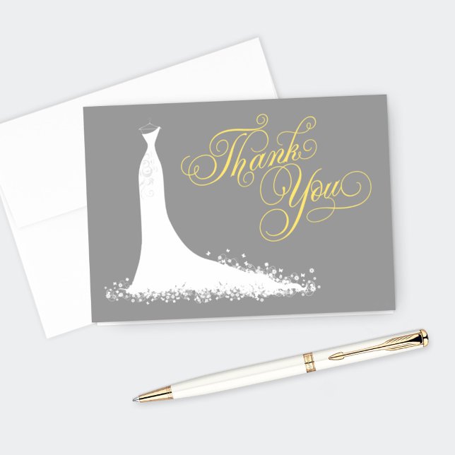 Elegant Yellow and Gray Wedding Gown Bridal Shower Thank You Card (Creator Uploaded)