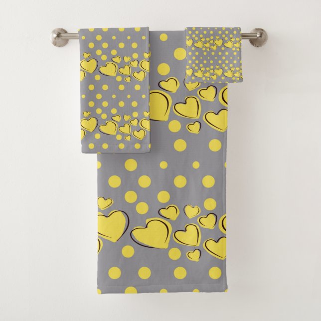 Elegant Yellow And Grey Hearts & Polka Dots Bath Towel Set (Insitu)