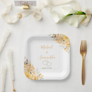 Elegant Yellow and Ivory Rose Wedding Paper Plates
