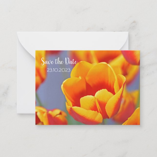 Elegant Yellow and Red Tulip Save the Date Note Card (Front)