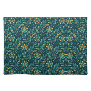 Elegant Yellow and Teal Floral Pattern Design Cloth Placemat