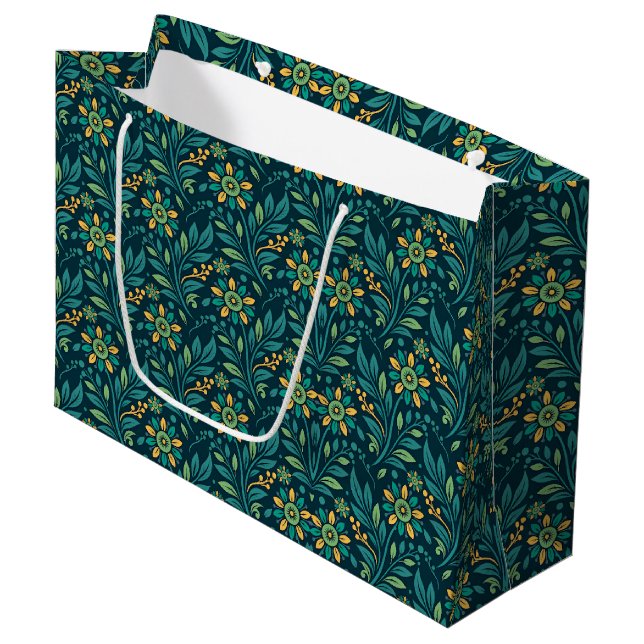 Elegant Yellow and Teal Floral Pattern Design Large Gift Bag (Front Angled)