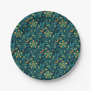 Elegant Yellow and Teal Floral Pattern Design Paper Plates